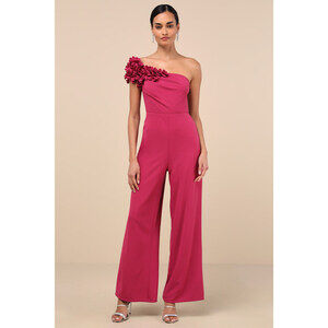 Lulus Damara Magenta Floral Applique One-shoulder Jumpsuit Pink - Size S